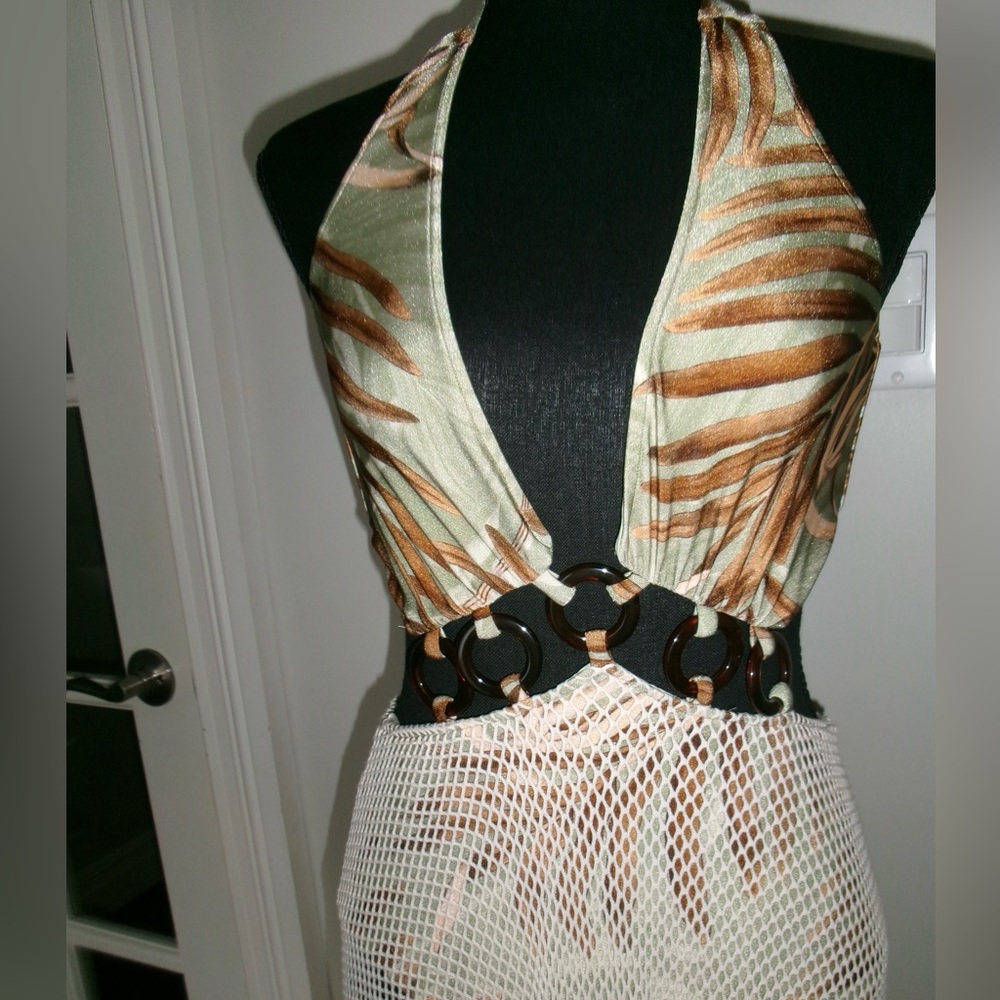 PatBO Sage and Cream Palmera Netted Backless Beach Dress - Picture 4 of 7